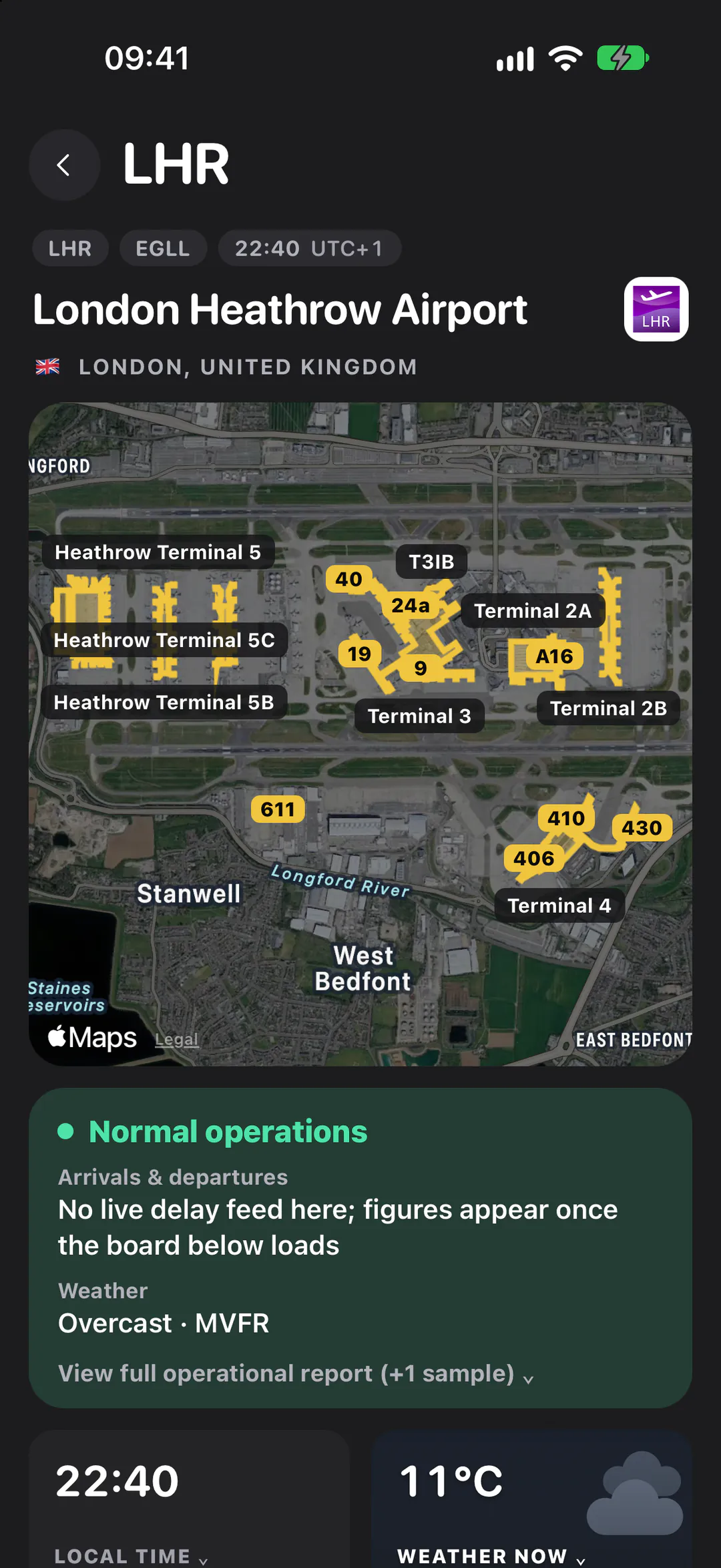 London Heathrow's airport page: a satellite terminal map with gates marked in yellow, normal operations and the weather.