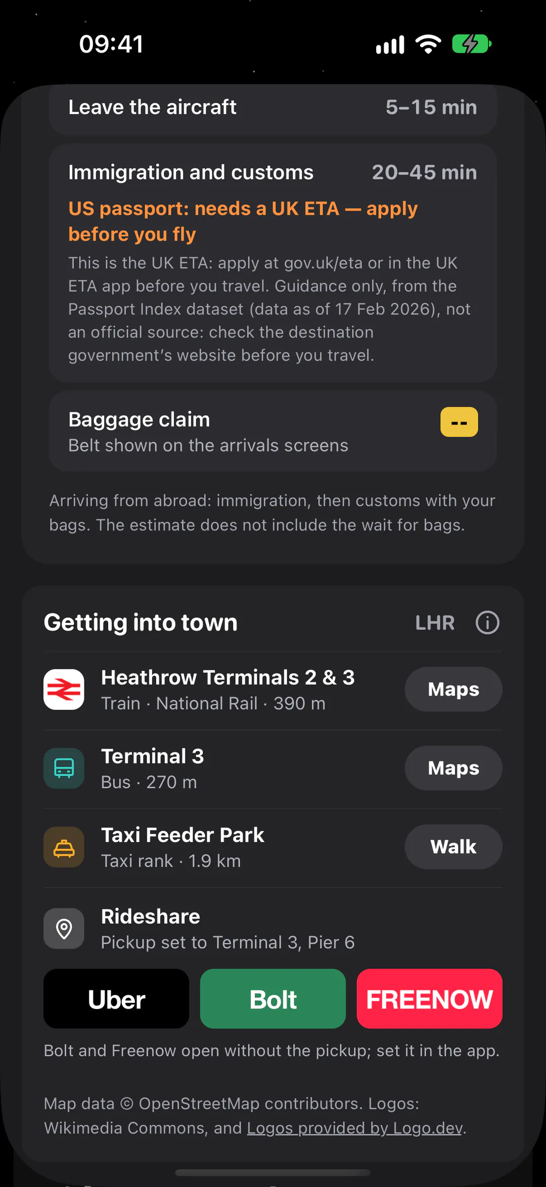 Getting into town from Heathrow: the train, a bus, the taxi rank, and Uber, Bolt and Freenow buttons for a rideshare.