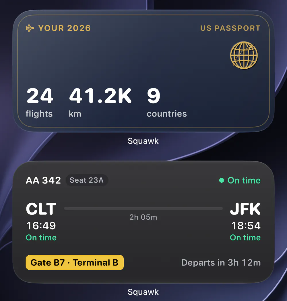 Two Squawk widgets on a dark Home Screen: this year's travel totals, and the next flight with its gate.