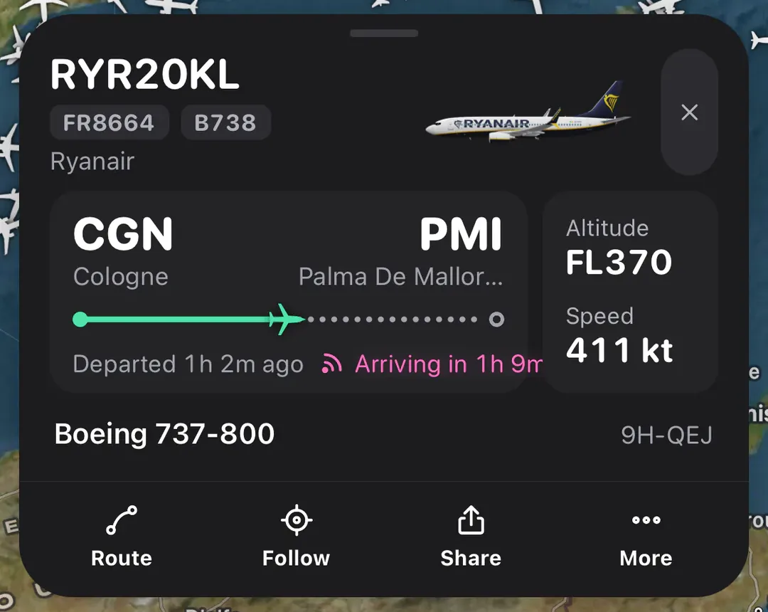 An aircraft card on the live map: Ryanair RYR20KL from Cologne to Palma, departed 1h 2m ago, at FL370 and 411 knots, a Boeing 737-800, with Route, Follow, Share and More.