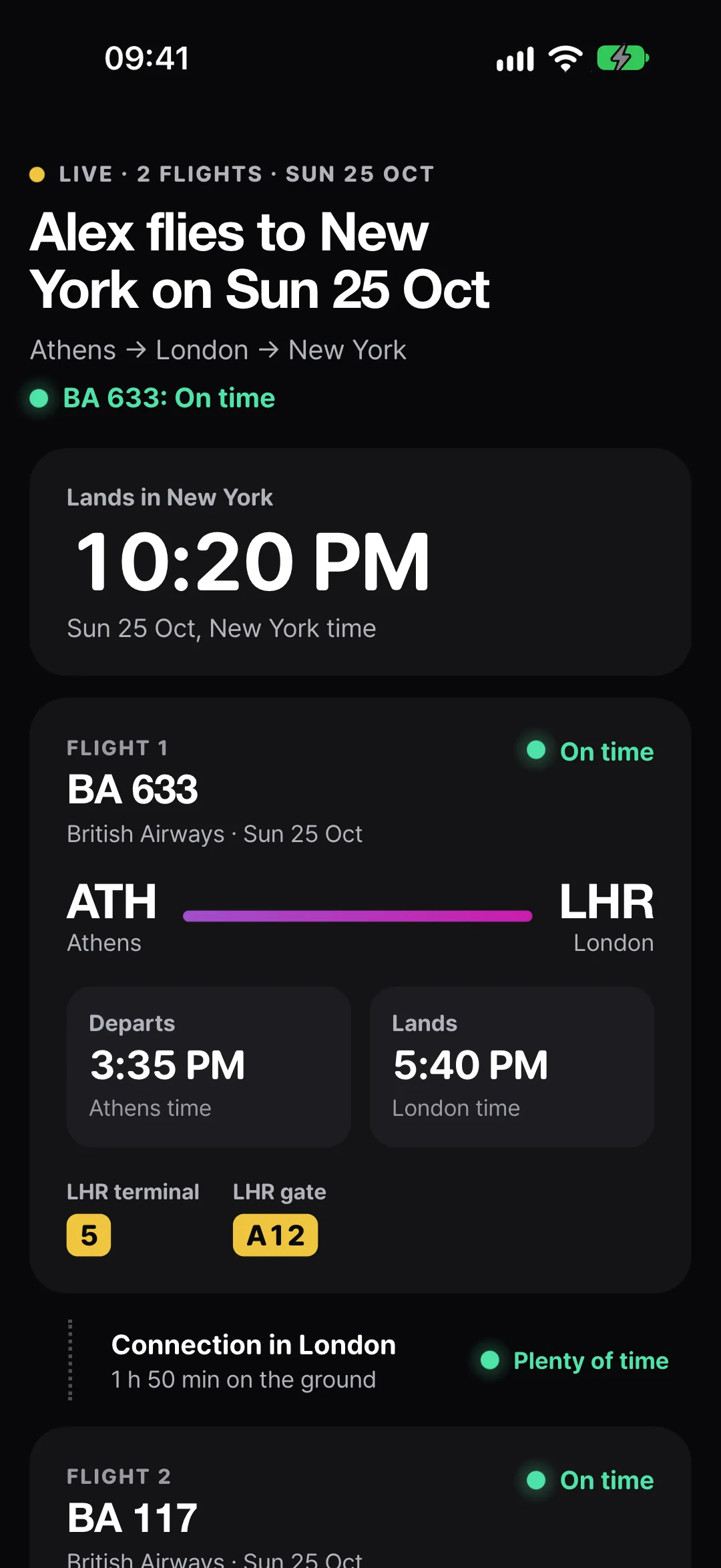 A Live Share page on a phone: Alex flies to New York on Sun 25 Oct, landing at 10:20 PM, with the first flight from Athens to London on time and plenty of time for the connection.