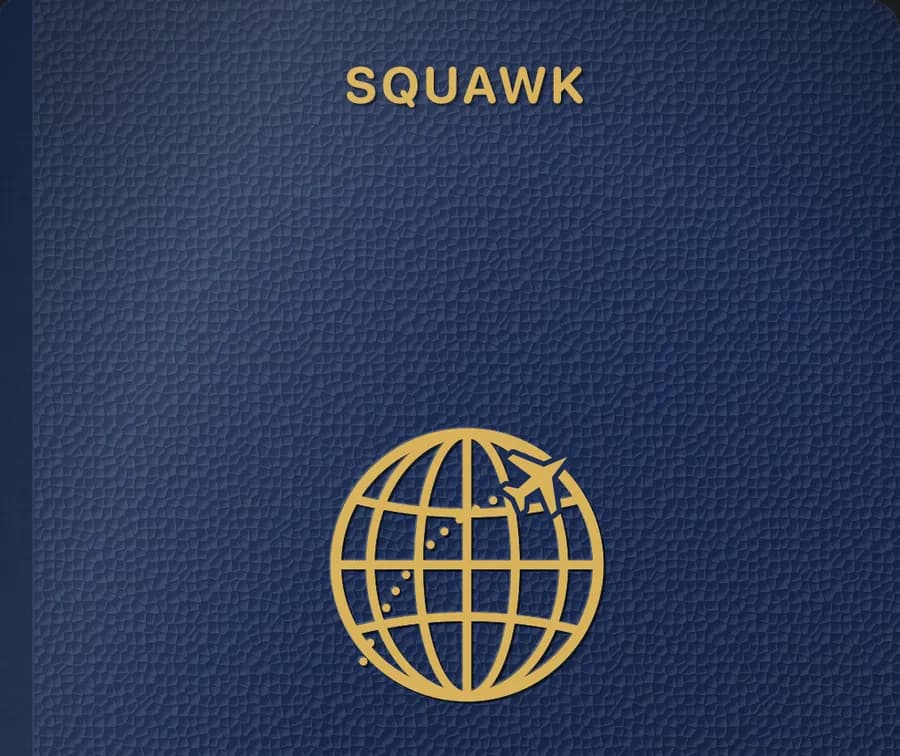 The cover of the Squawk passport: navy leather with SQUAWK and a gold globe emblem.