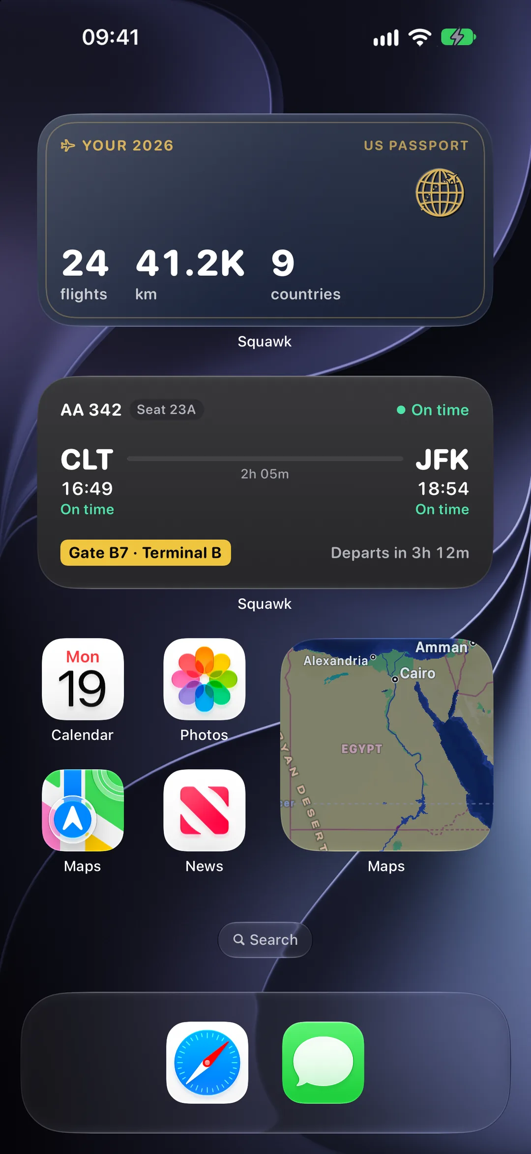 A dark Home Screen with two Squawk widgets: this year's 24 flights, 41.2K km and 9 countries on a US passport cover, and the next flight, Charlotte to New York, gate B7.