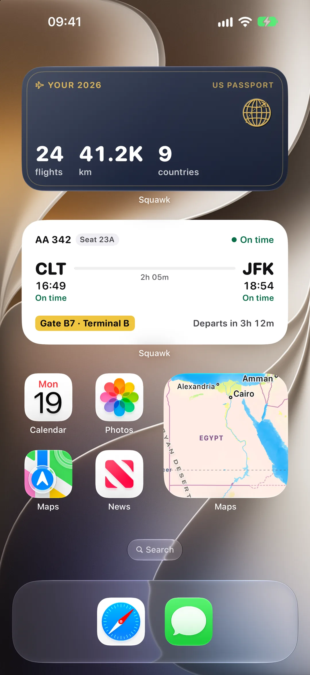 The same two Squawk widgets on a light Home Screen: the travels summary on its passport colour and the next flight, on time, departing in 3h 12m.