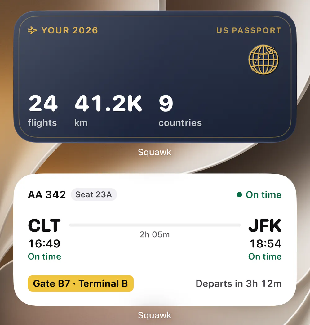 The same Squawk widgets in light mode: the year's travel totals and the next flight, on time.