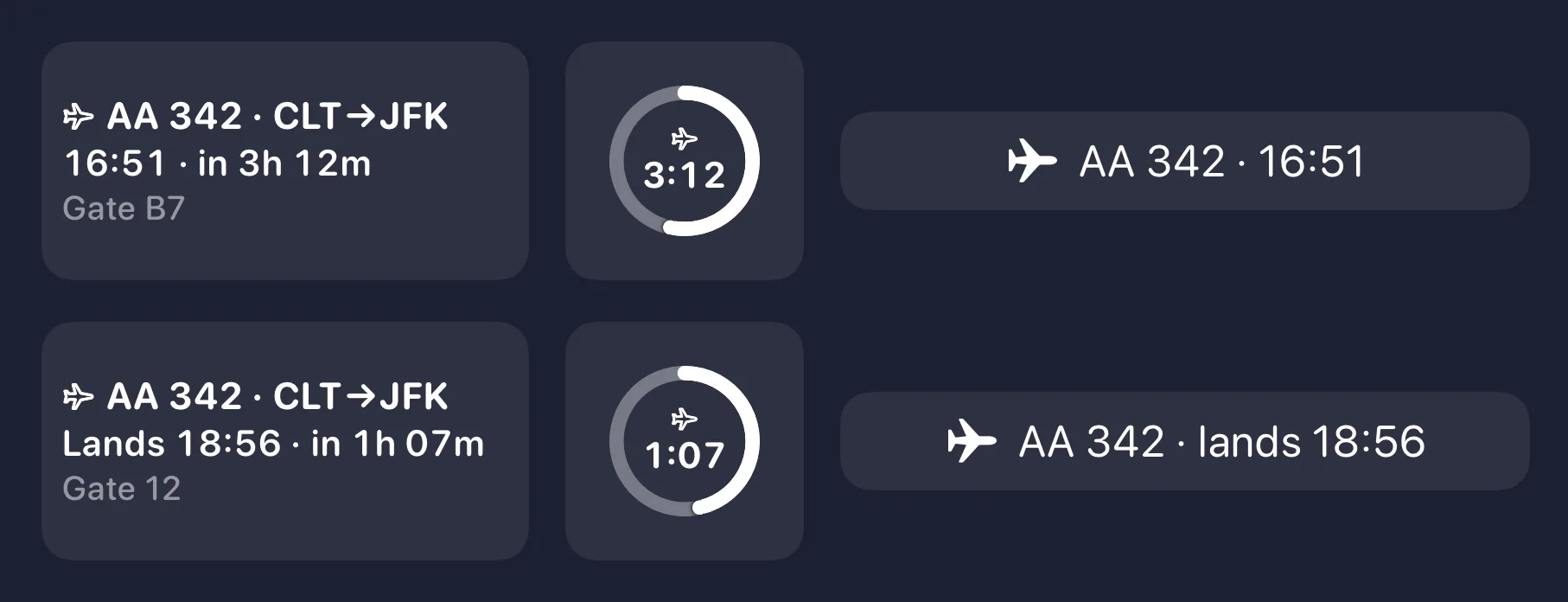 The Lock Screen widgets: a rectangle with the flight, time and gate, a ring counting down 3:12, and an inline line, then the same three in the air, landing in 1h 07m.